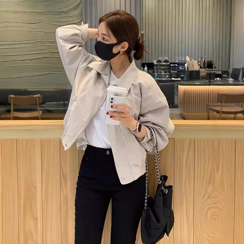 

Korean Chic Women's Pure Color Thin Short Jacket Casual Versatile Outwear Elegant Work Top for Spring & Fall