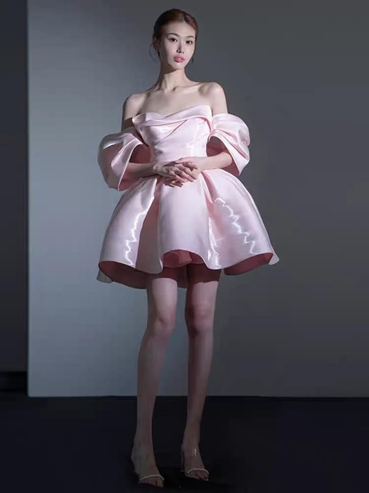 

Pink One-oulder iny Satin Bubble-Sve Evening Dr Faionable Mid-Waist A-Line Skirt for Par Birthday Anniversary