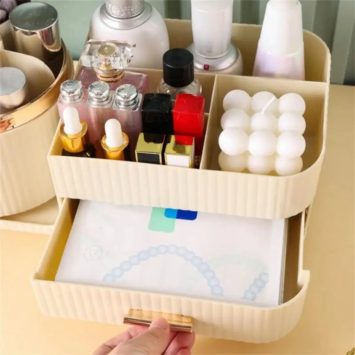 360° Rotating Makeup Organizer With Drawer,Cosmetic Display Case For Vanity Brush,Skincare,Lipstick Bathroom Countertop,Desk