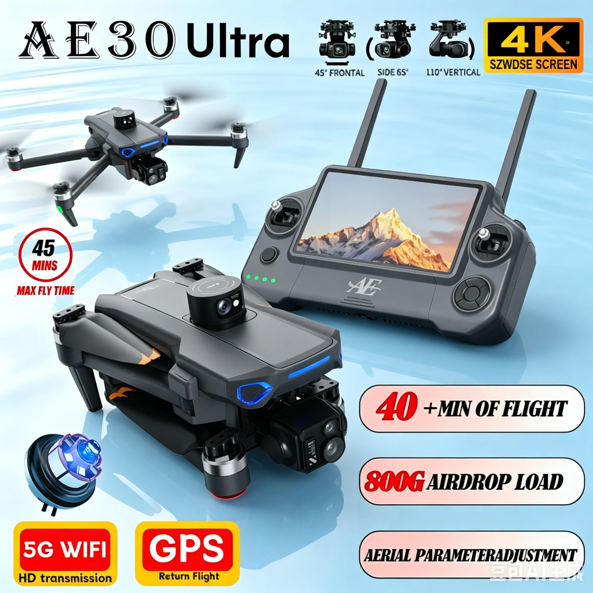 AE30 Ultra GPS Drone 4K Profesional HD Camera 3-Axis Gimbal Brushles Airdrop RC Quadcopter 5.5inch Screen Control Fishing Drones