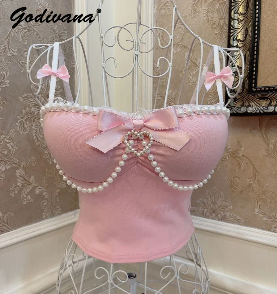 Ballet Style Princess Bow Love Pearl Chain Lace Slim display Chest Pad Pink Vest Top Sexy Girl canotta corta da donna