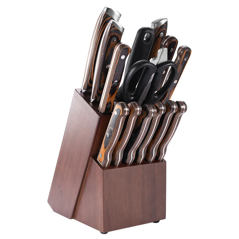 Rubber Wood 14 Slot Knife Holder Chef Kitchen Scissors Slicing Cleaver Knife Stand Durable Professional Restaurant Knife Rack