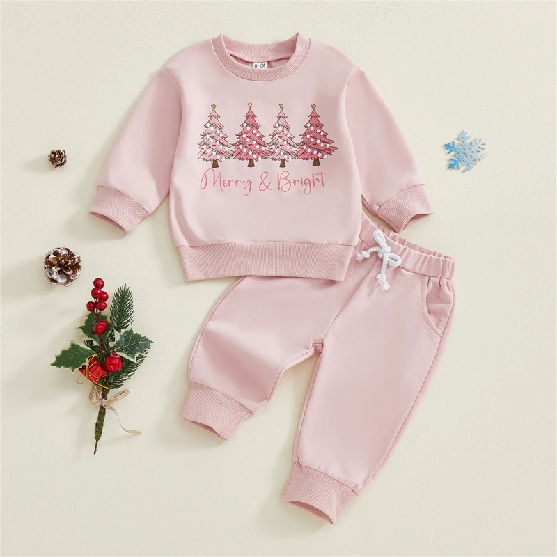 Toddler Infant Girl Christmas Outfits Letter Tree Print Long Sleeve Round Neck Sweatshirt + Elastic Waist Solid Pants 2 Pcs Set