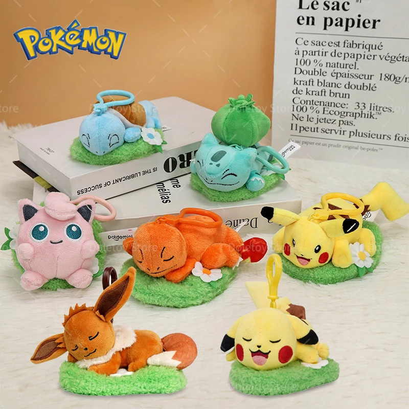 Original Pokemon Plush Keychain Lawn Series Pikachu Eevee Charmander Squirtle Mew Bulbasaur Jigglypuff Doll Kids Kawai Toy Gift