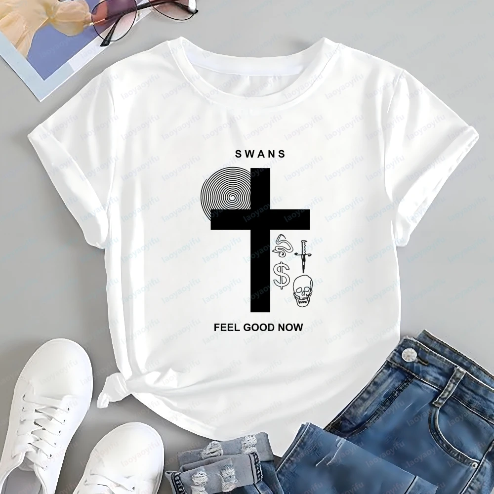Swans Band Summer Trend Harajuku Short-Sleeved Shirt for Both Men and Women - Patterned Large-Sized Comfortable T-Shirt
