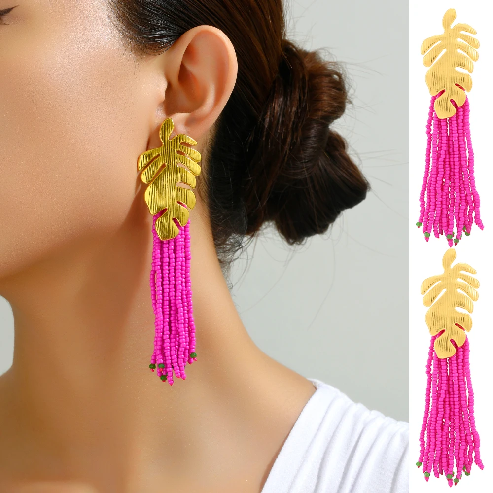 Meatl Leaf Tassel Beaded Charm Decor Long Dangle Earrings For Women Luxury Charm Particular Holiday Pendant Jewelry Accessories