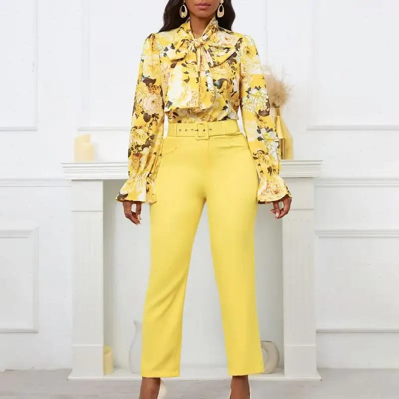 Conjuntos de Pantalones Estampados para Mujer, Blusas con Lazo, Camisas de Manga Larga con Tiras, Pantalones de Cintura Alta, Conjunto de Dos Piezas, Casual, Estilo Oficina, Otoño 2025
