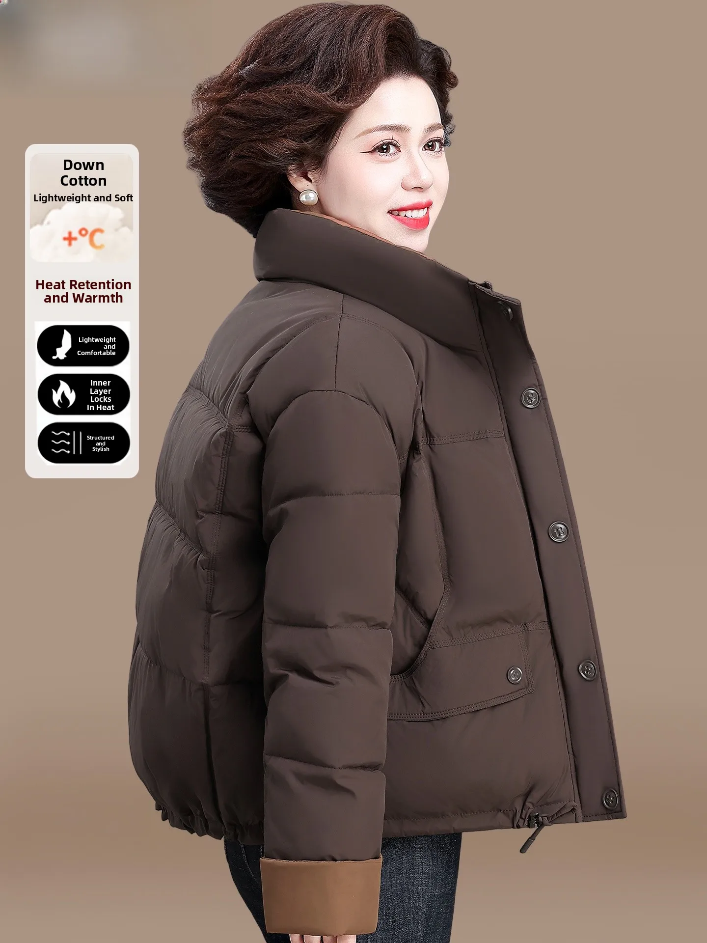 

Faionable ort down Cotton Jaet Women's Outerwear Bread Sle Coat Middle-Aged Mom Winter Clothes Warm Stand Fit