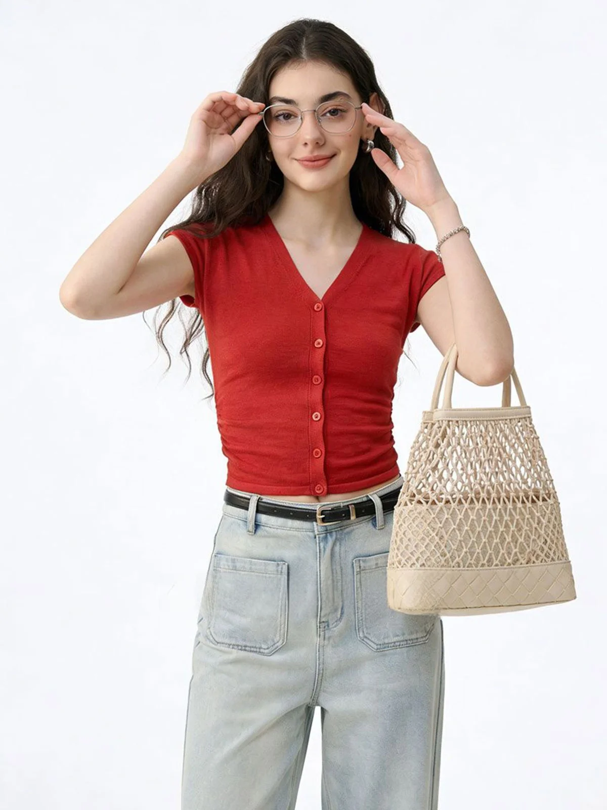 

Женская трикотажная футболка ZhuoZhi с V-образным вырезом и коротким рукавом, облегающая, с эффектом утончения талии, в французском стиле, повседневная, весна-лето