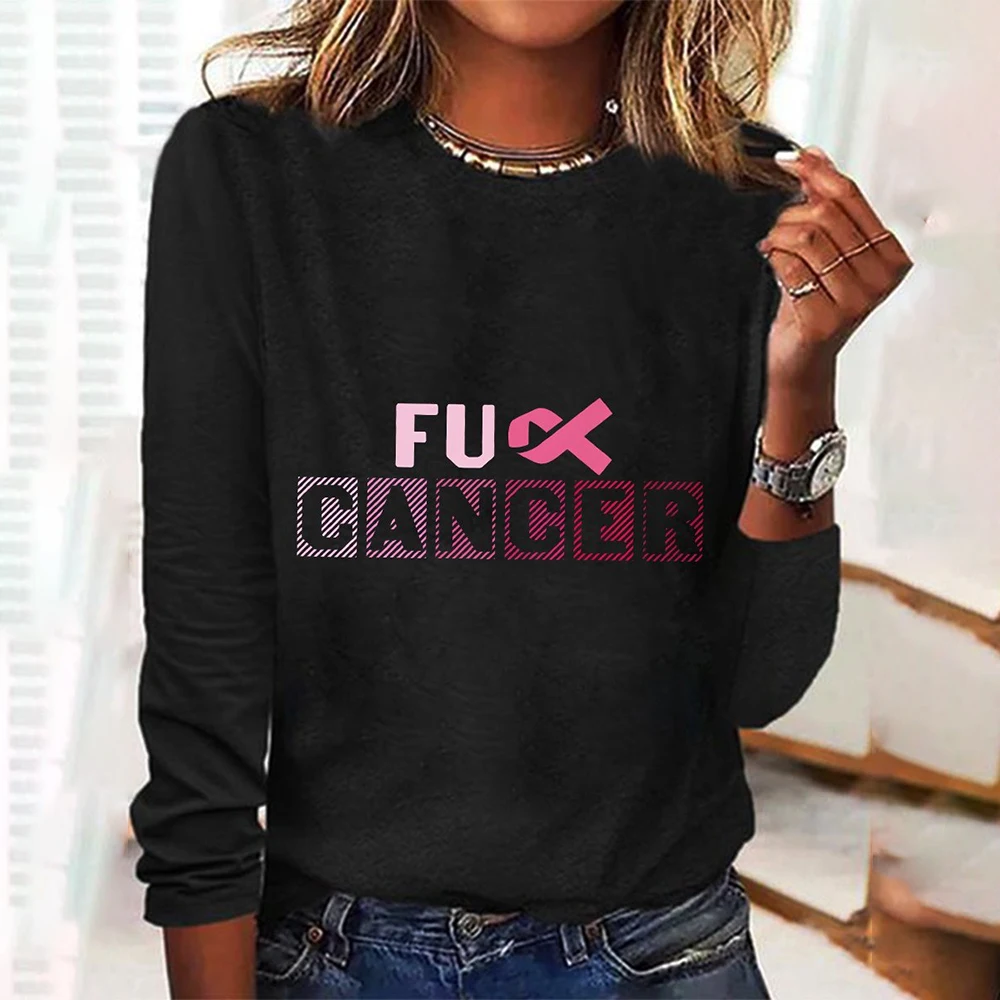 Letter Pattern Pink Ribbon Fall Cotton Long Sleeves T shirt Women's T-shirts Casual Loose O-neck Women Clothing Streetwear Tops