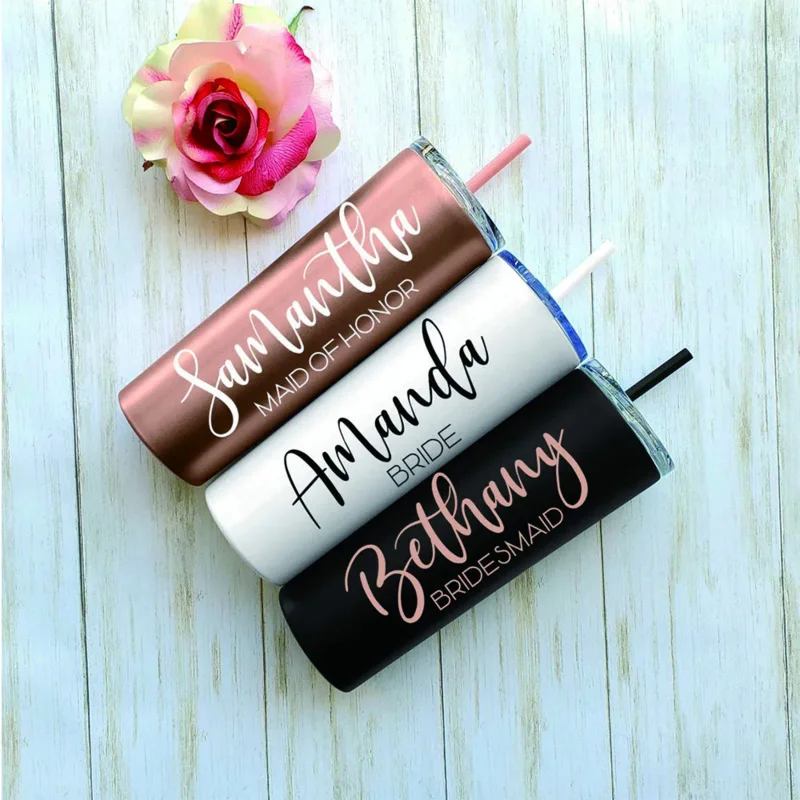 

Personalized Tumbler with Straw Bridesmaid Gift Custom Name Bridal Party 20oz Insulated Skinny Tumbler Wedding Bachelorette cup