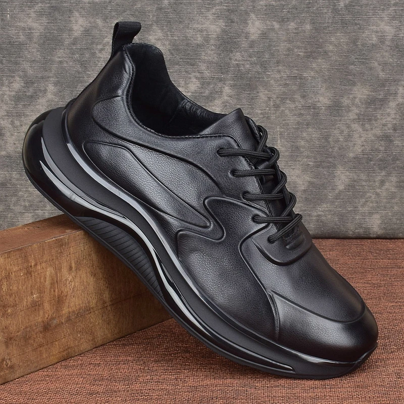 Trendy Real Genuine Leather Shoes Men Luxury Design Sneakers Casual Thick Sole Travel Sports Jogging Running Black High Quality