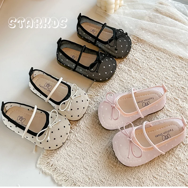 Elegant Polk Dot Embroidery Mesh Ballerina Shoes Kid Girls Bowknot Elastic Band Ballet Flats Baby Child Silk Gauze Dress Shoes
