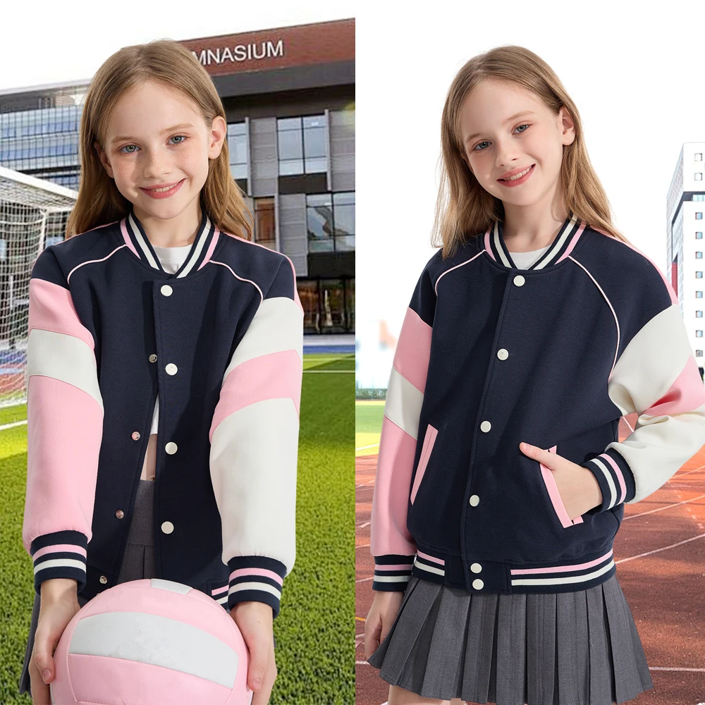 LOlanta Girls Varsity Jackets Baseball Bomber Color Block Letterman Jacket Outwear With Pockets 7-15 Years