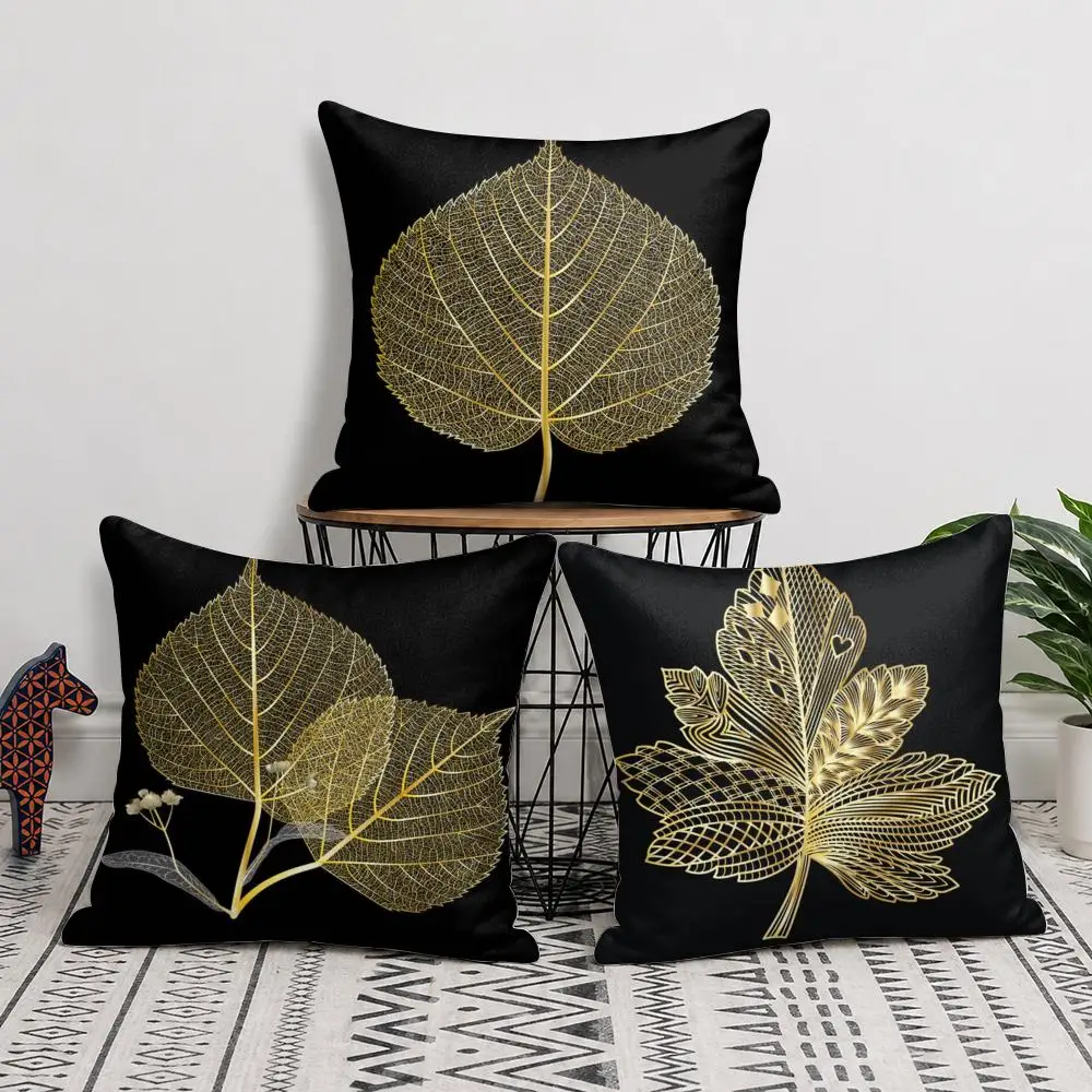 Golden Leaf & Branch Cushion Cover Short Plush Soft Double-Sided Printing Pillow Case Cozy Sofa Bedroom Home Decor Gift