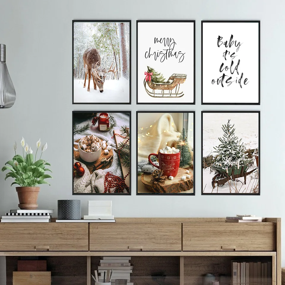 Winter Snow Scene Elk Print Posters Christmas Gingerbread Man Hot Drink  Wall Art Canvas Painting for Living Room Holiday Dec