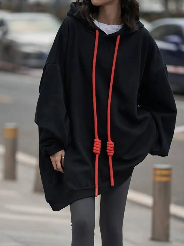 

Sweatshirt Color-block Black Drawstring New Hooded Long Sleeve Women Big Size Fashion Spring Autumn 2026 1DW6Z