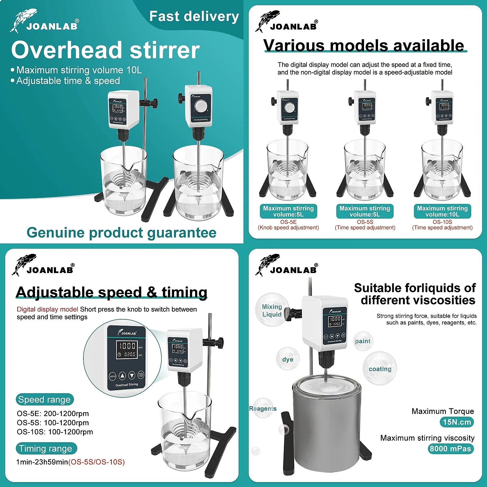 Lab Electric Digital Display Overhead Stirrer 5/10L 1200rpm High Power Mixer 110/220V OS-10S