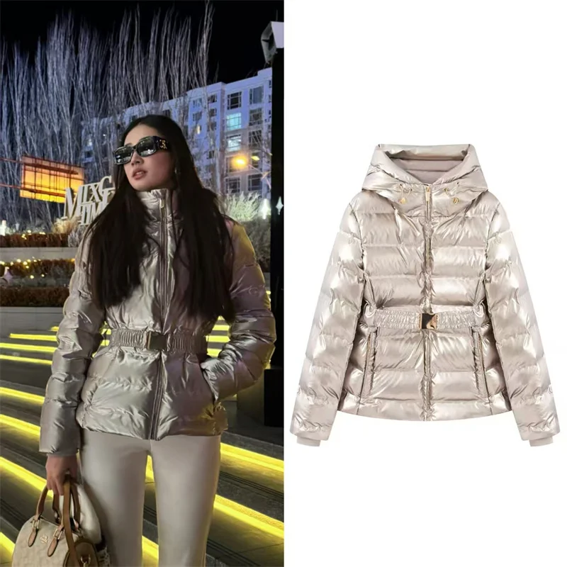 

Women's Coat 2025 Winter New Champagne Long Sleeve Belted Slim Short Hooded Cotton Padded Warm Jacket Stylish and Trendy