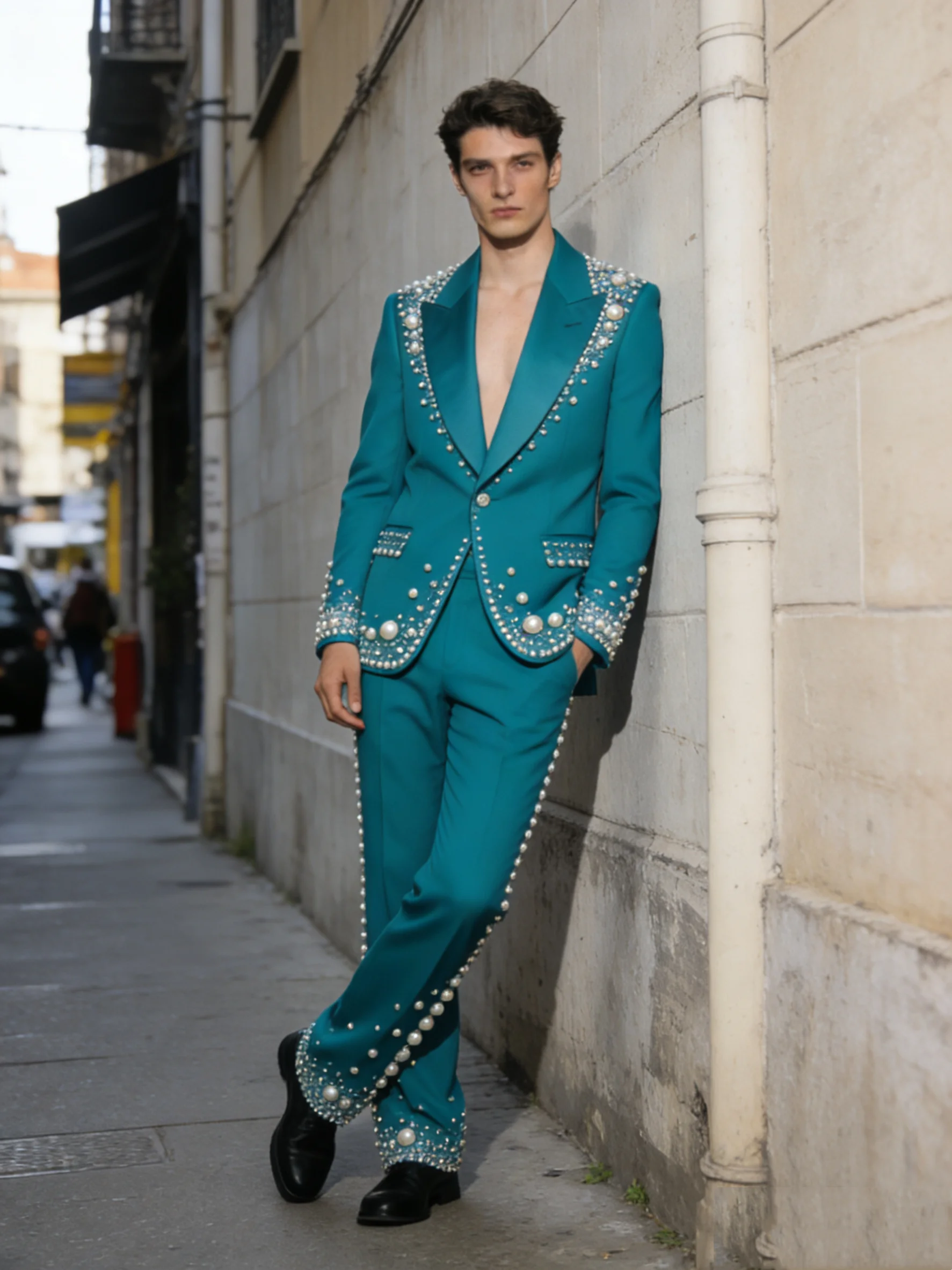 

Sky Blue Pearls Men Suit Set 2 Pcs Blazer+Pants Trousers Customized Cotton Formal Office Jacket Wedding Tuxedos Prom Coat