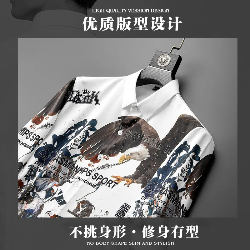 Brans Clothing Hot Diamond Printed Shirt for Men 2023 Autumn Long Sleeve Casual Business Dress Shirts Streetwear Social Blouse