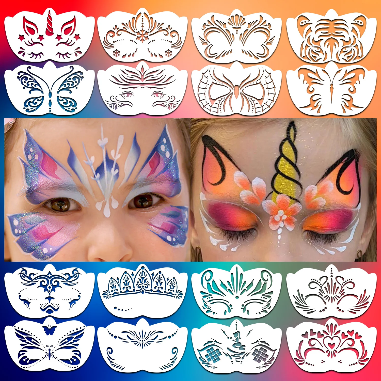 8/16 Pcs Reusable Face Paint Stencils Hollow Templates PET Material Stage Makeup Holiday Party Cosplay Face Painting Stencils