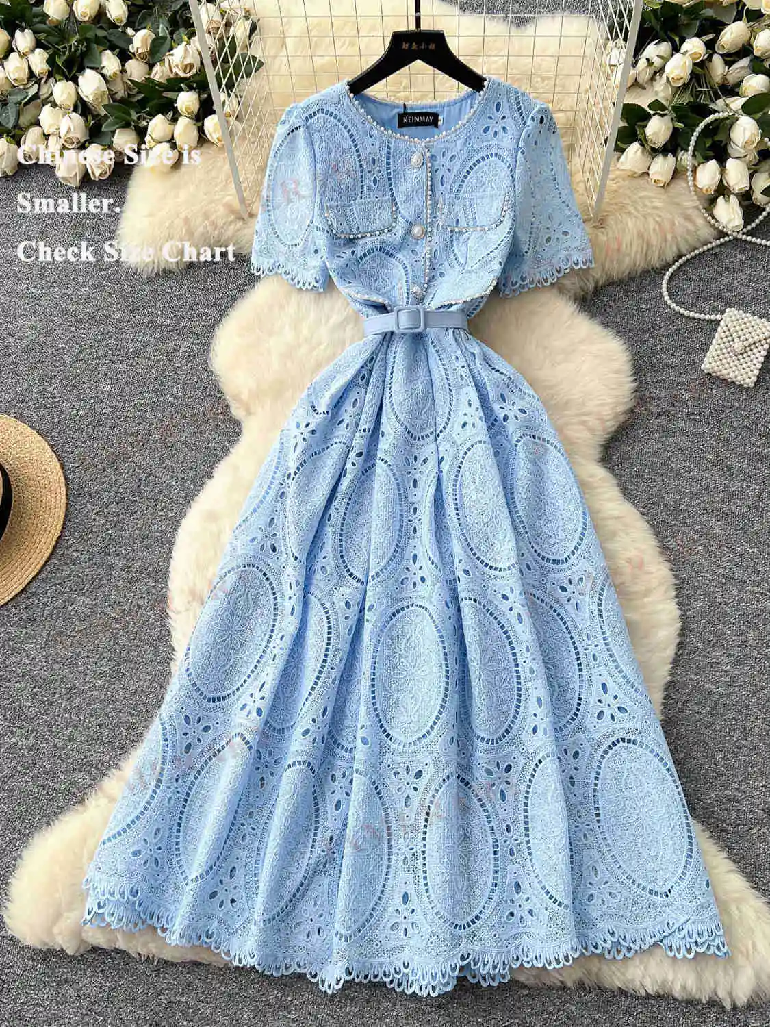 ฤดูร้อนเย็บปักถักร้อยลูกไม้ชุดยาวผู้หญิงแขนสั้นถักโครเชต์สายเพิร์ลคอชุดราตรี Midi ชุดพรรค Vestidos