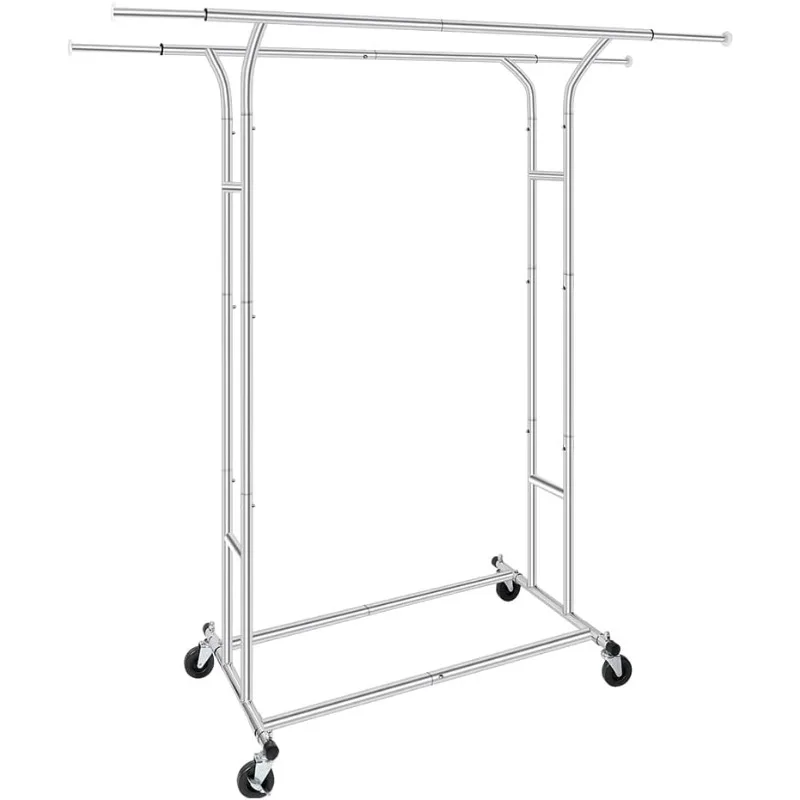 

Heavy Duty Double Rod Garment Rack for Hanging Clothes Chrome, Commercial Rolling Clothes Organizer Commercial Metal with