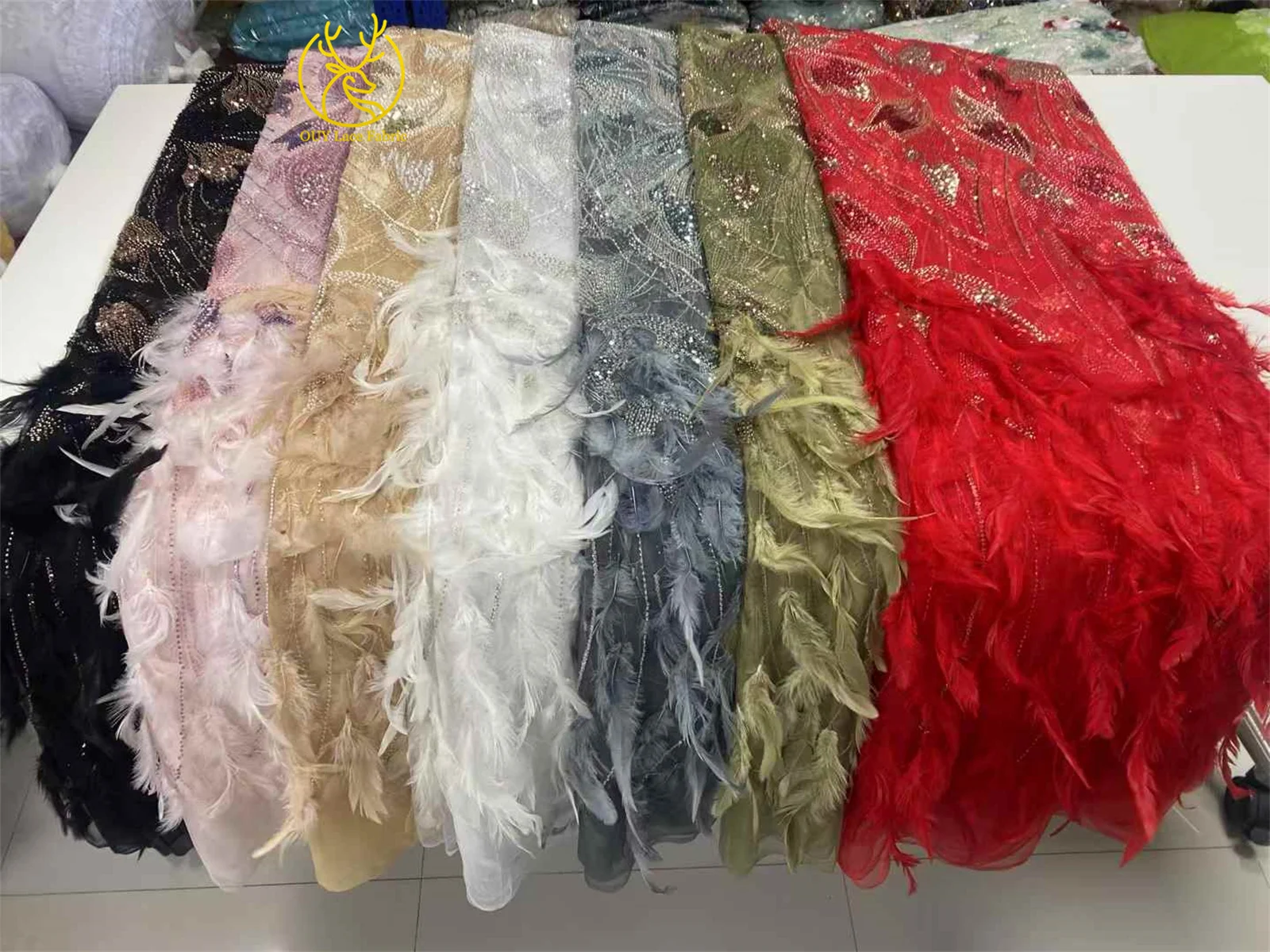 Luxury Handmade Feather 3D Feather Embroidery French Sequin Lace African Nigerian Bridal Lace Fabric Evening Dress Wedding