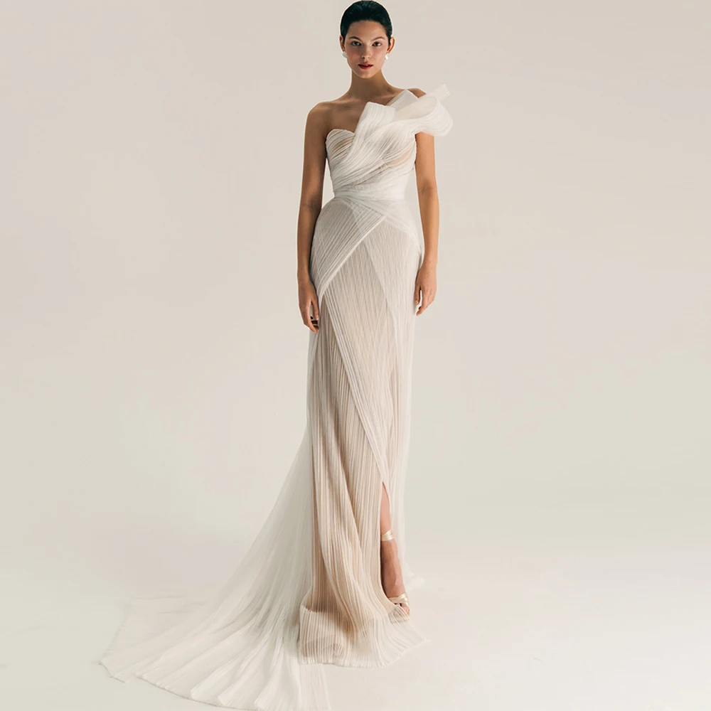 Customized  Luxury Jersey Straight One Shoulder Evening Dress Side Slit Floor Length Sleeveless Panel Train Vestidos de