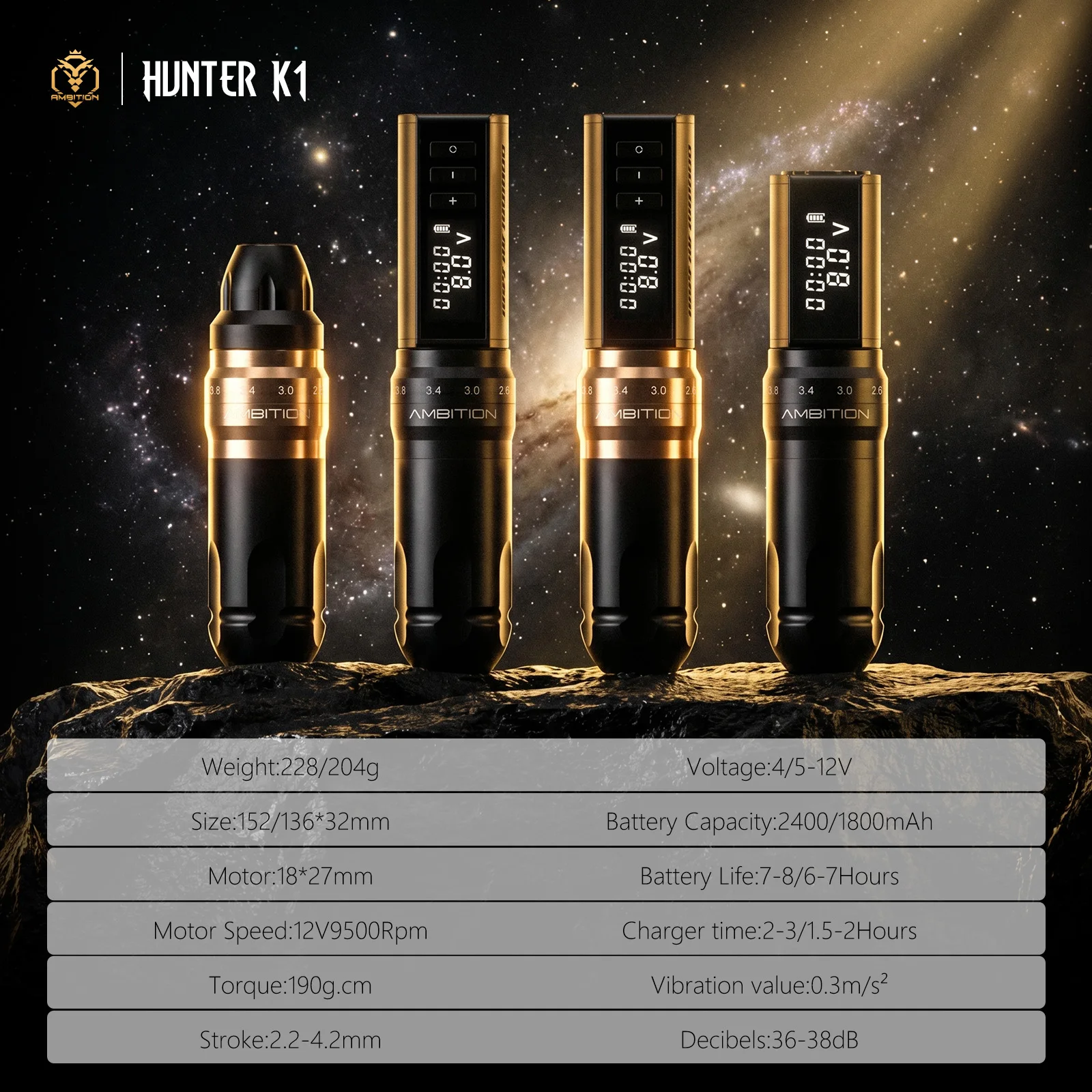 Ambition Hunter K1 Wireless Tattoo Machine Coreless Motor 2400mAh Battery Tattoo Pen Adjustable Stroke 2.2-4.2mm For Tattoo Art