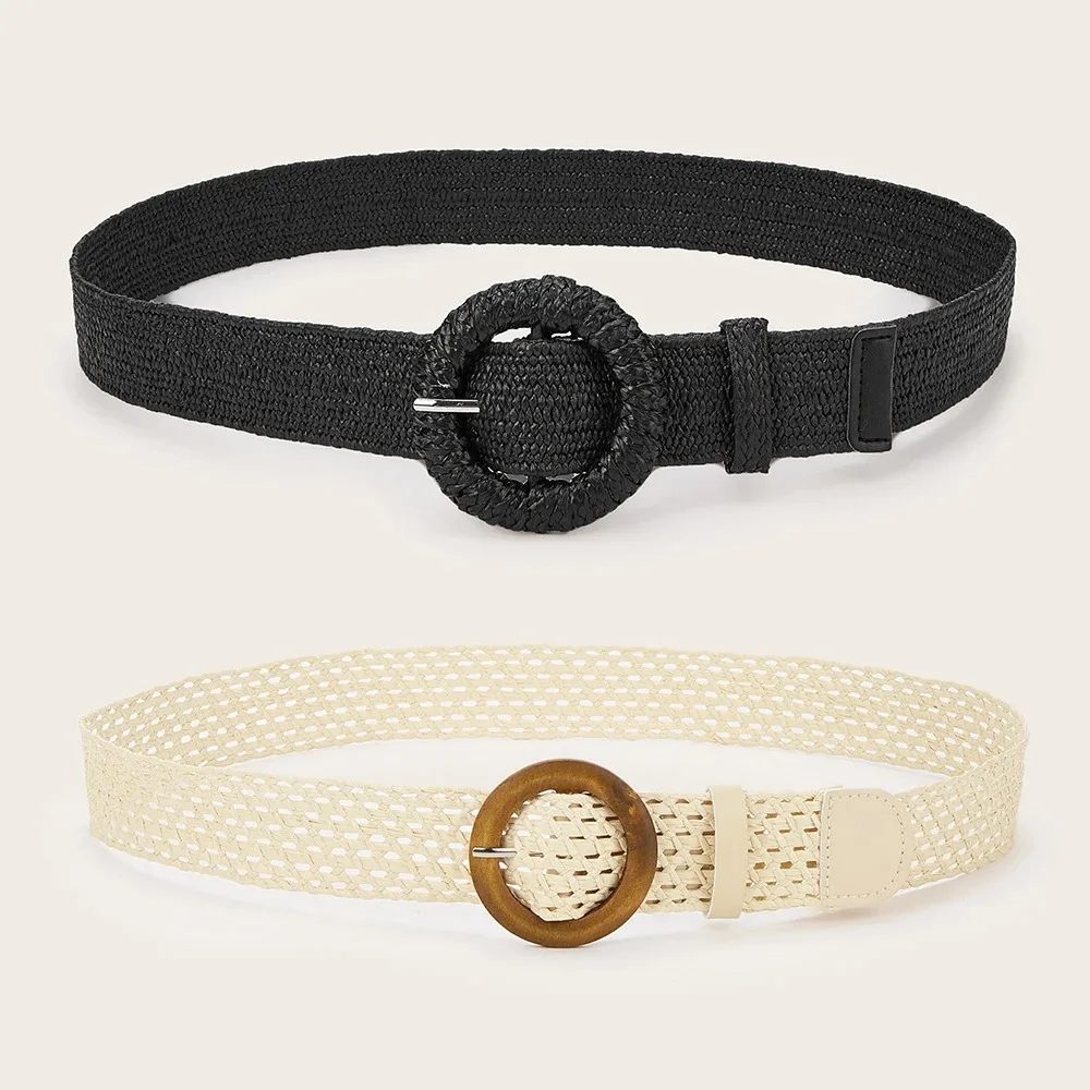 Boho Straw Waist Belt Wide Hollow Out Woven Waistband Handmade Round Buckle Braided Belt for Holiday