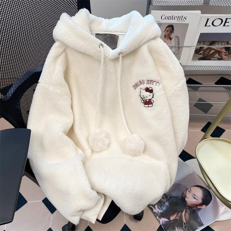 Sudadera de terciopelo de cordero de dibujos animados, chaqueta bordada de Hello Kitty, cárdigan con capucha grueso de felpa japonesa bonita para otoño e invierno