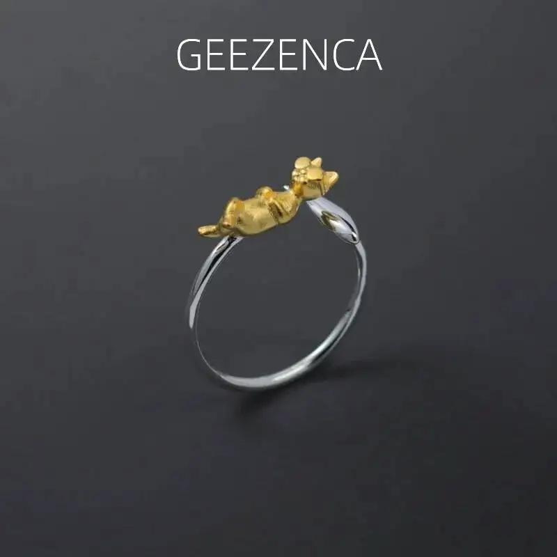 

GEEZENCA 925 Sterling Silver 3D Sleepy Cat Fish Open Ring For Women Cute Unique Original Design Resizable Rings 2024 New Gift