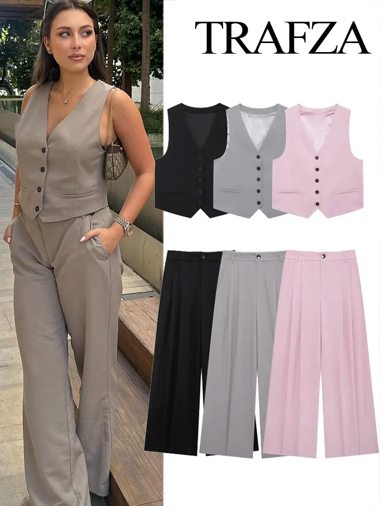 TRAFZA Women Fashion Suits Solid V-Neck Sleeveless Pockets Single Breasted Vest Tops+High Waist Pockets Zipper Pants Female Set