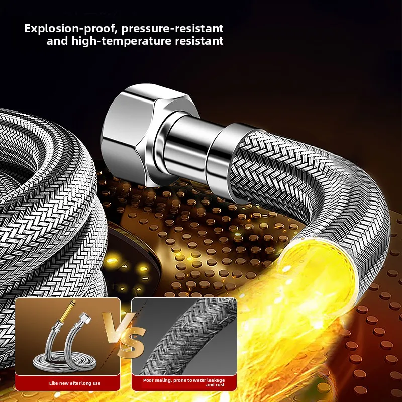 خرطوم صنبور مضفر 304 SS - مقاوم للانفجار، مانع للتسرب، صامولة ثقيلة، موصلات ساخنة/باردة قابلة للانحناء، ذهبي/فضي