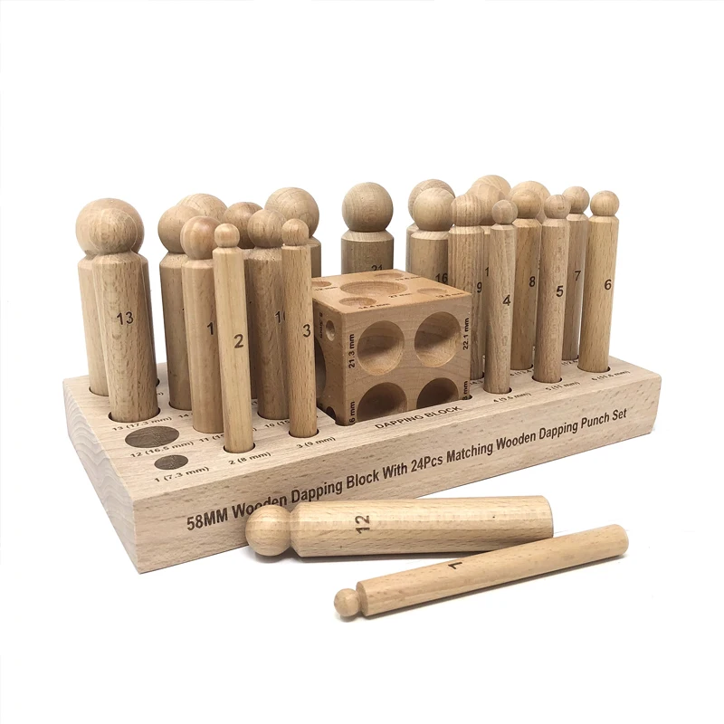 Durston 24pc Wooden Dapping Set 7.3-26.8mm Wood Punches & Dapping Block Soft Metal Jewelry Doming Tool Prevent Surface Marring