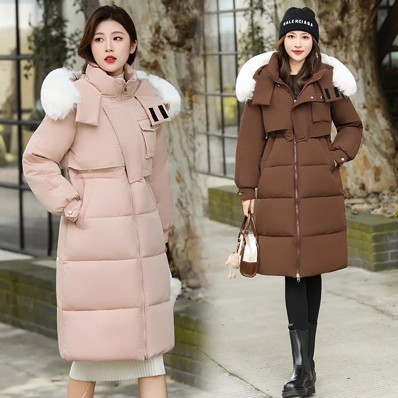 Women Parkas Coats Hooded Fur Collar Mid Length Jackets Full Sleeve Thick Warm Y2k Streetwear Jacket Work Autumn Winter 2025