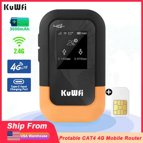 Router KuWFi CAT4 4G LTE 150Mbps 2.4GHz WiFi Hotspot Modem 4G da viaggio portatile Nano USIM Slot TF Batteria da 3000mAh con display LCD