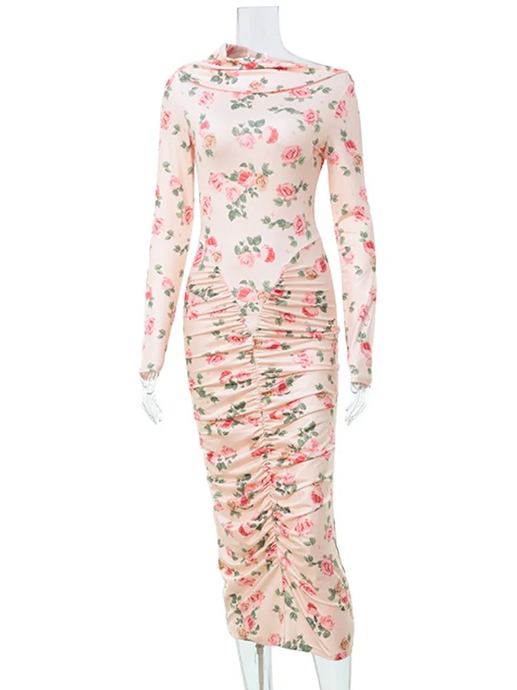 Elegant Floral Print Long Sleeve Dress for Women