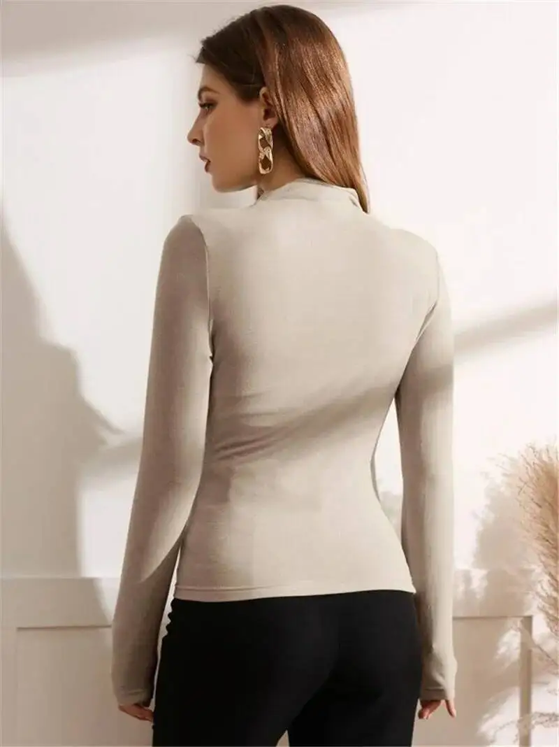 Autumn Winter Warm Fashion Pleated T-Shirt Women Solid Color Stand-Up Collar Slim Tops Female Daily Casual Trend Streetwear Tees