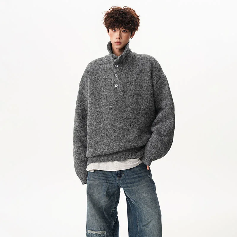 WTHT Fashion Men’s Solid Color Button Loose Knit Sweater Trendy 2025 Autumn American Style Stand Collar Pullover Male 2A2256