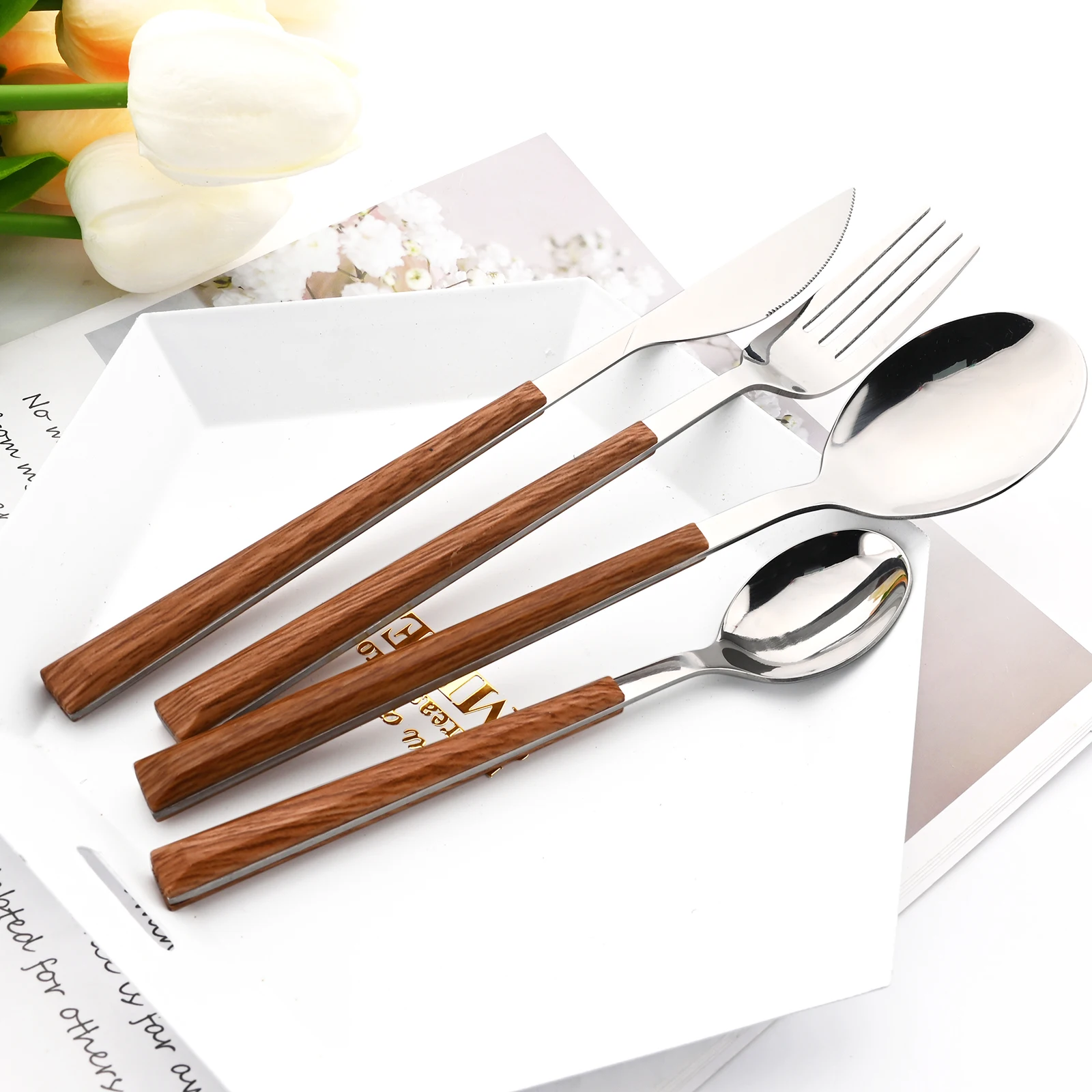 Drmfiy 4/16/24P Cutlery Set Stainless Steel Knife Fork Spoon Dinnerware Kitchen Tableware Set Imitation Wood Handle Flatware Set