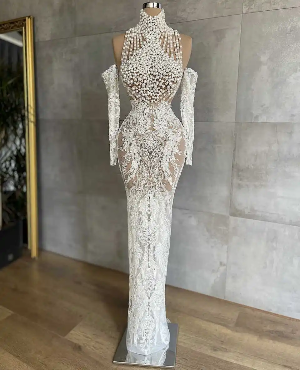 Luxury High Neck Pearls Wedding Dresses Women Sexy Long Sleeve Beading Bride Dresses Customized Lace Floor Length Bridal Gown