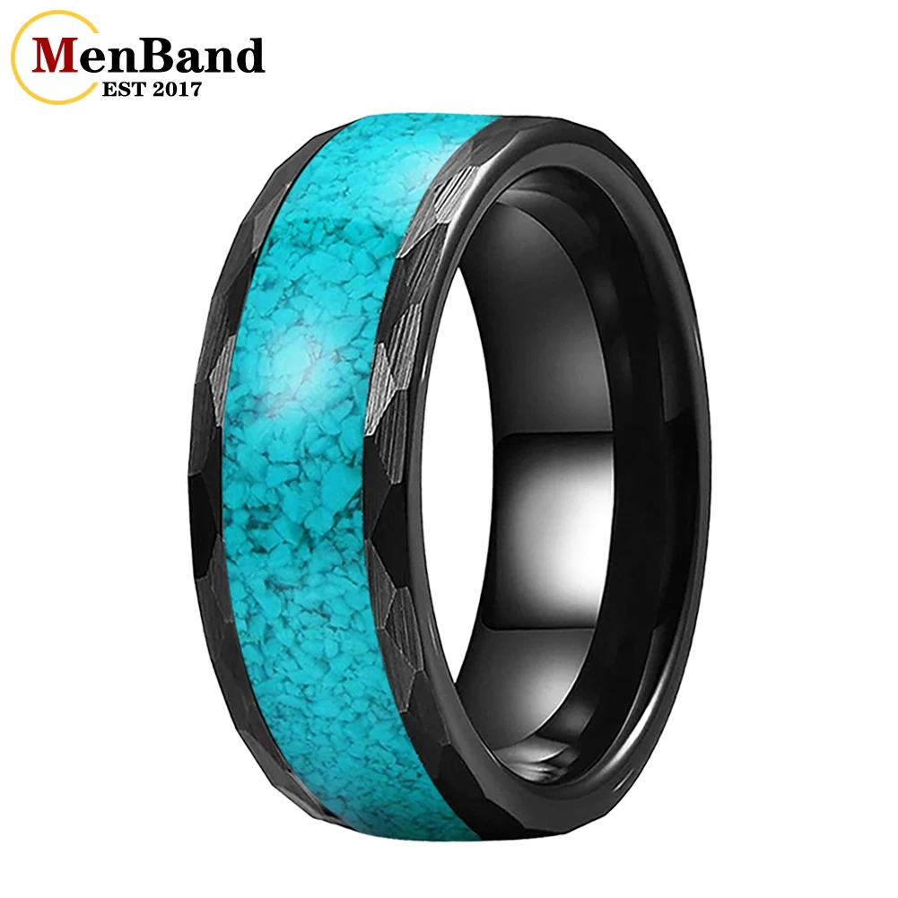 

MenBand Hammered 8MM Turquoise Inlay Tungsten Wedding Rings Bands Anniversary Ring Jewelry Gifts Free Engraved