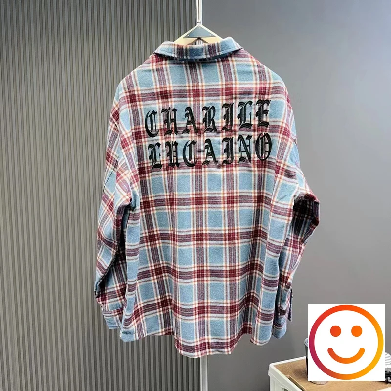 Color Stripe Plaid Long Sleeve Back Towel Embroidery Pattern Shirt Men Women Best Quality High Street Casual Loose V-shape Shirt