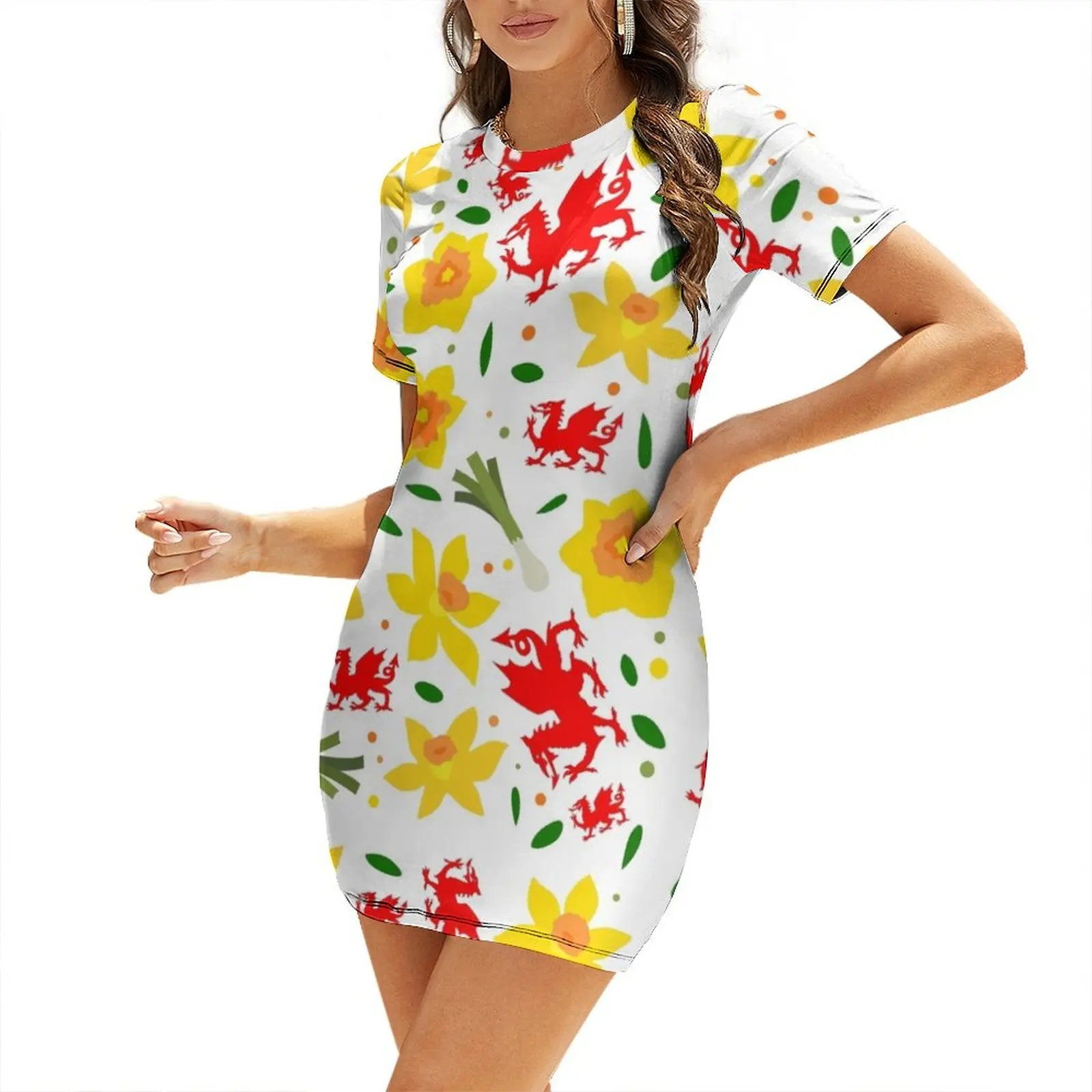 

Wales Floral Pattern - Welsh Dragon, Daffodils and Leek Short Sleeved Dress summer dresses women's evening dresses