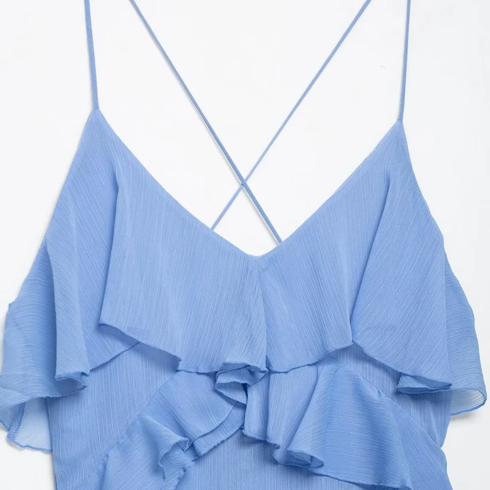 Camisola decorativa em camadas de cor sólida vestido longo com decote em v sem mangas zíper lateral verão novo vestido temperamento feminino