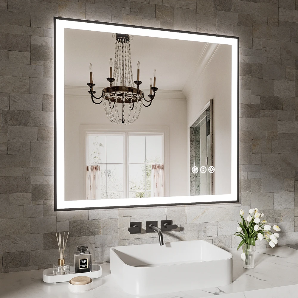 Rizzon 32x36 Inches Smart Anti-Fog LED Bath Mirror with Front light and backlight, 3-Color, Brightness Adjustable and Memory