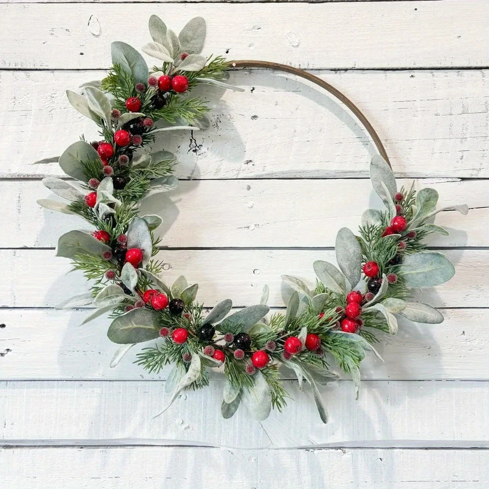 Christmas Wreath With Red Berries Pine Cones 40cm Artificial Garland For Front Door Wall Holiday Home Garden Decoration